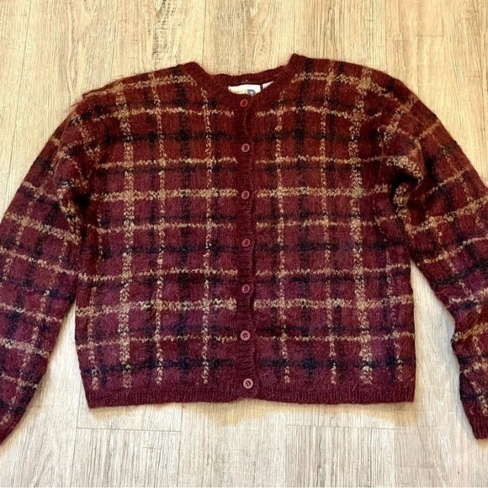 Paul Harris Designs Mohair / Wool Blend Cardigan Sweater Maroon & Tan Plaid Med.
